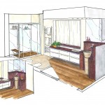 Bagno zona giorno con lavello in travertino.